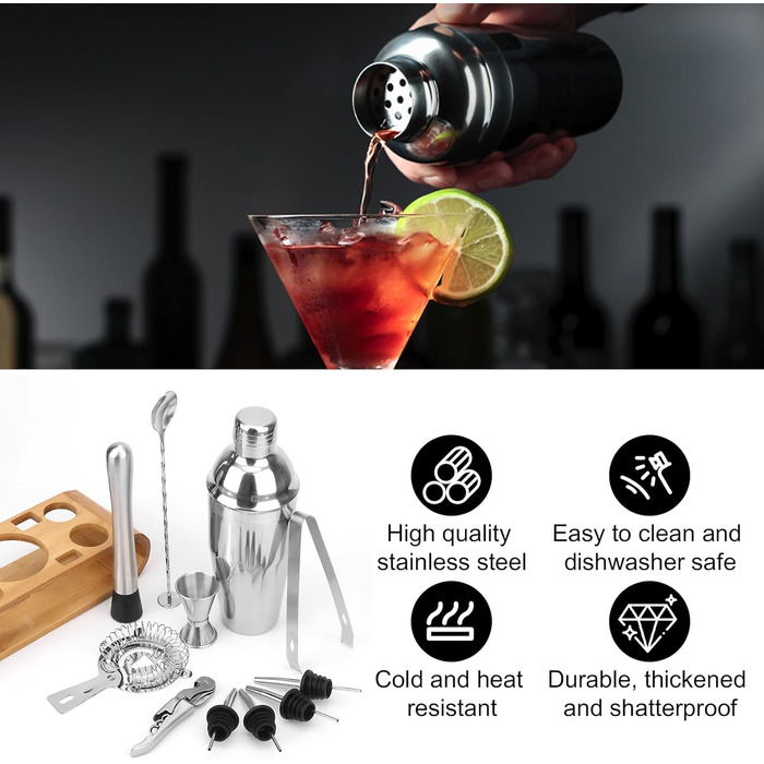 Набір для коктейлів 12 шт. з нержавіючої сталі з барним аксесуаром, 750 мл, повний набір бармена для дому або бару