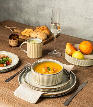 Набір посуду з каменю GBhome на 6 осіб, 18 предметів, ручна робота, реактивна глазур, мікрохвильова та посудомийна безпека, глибокий зелений колір (Desret Salbei), включає чашки (6 шт.)