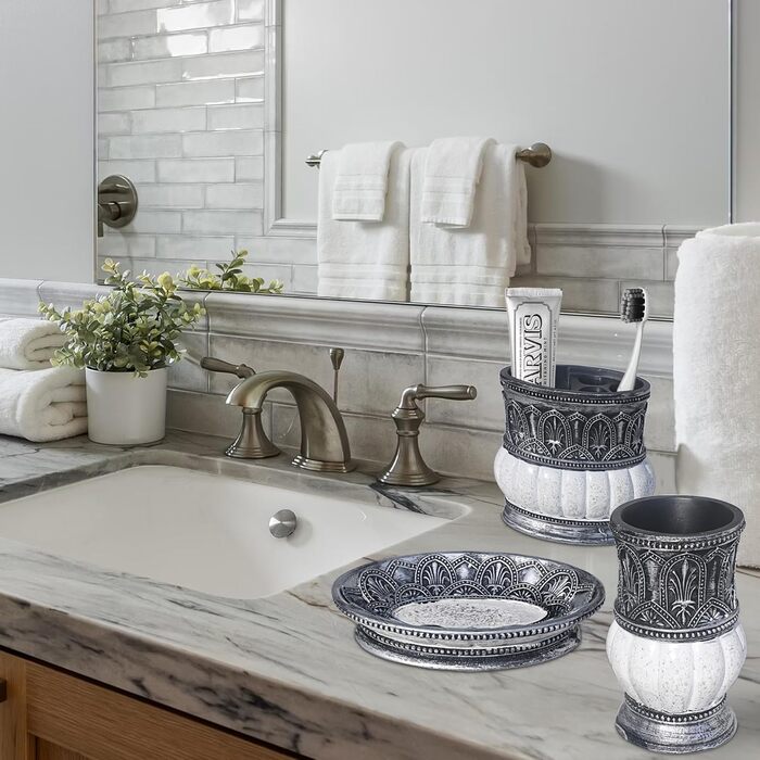 Набір аксесуарів для ванної кімнати Pumkins, ретро-стиль (сірий), 4 шт. (1 чашка, 1 тримач для зубних щіток, 1 мильниця, 1 дозатор мила)