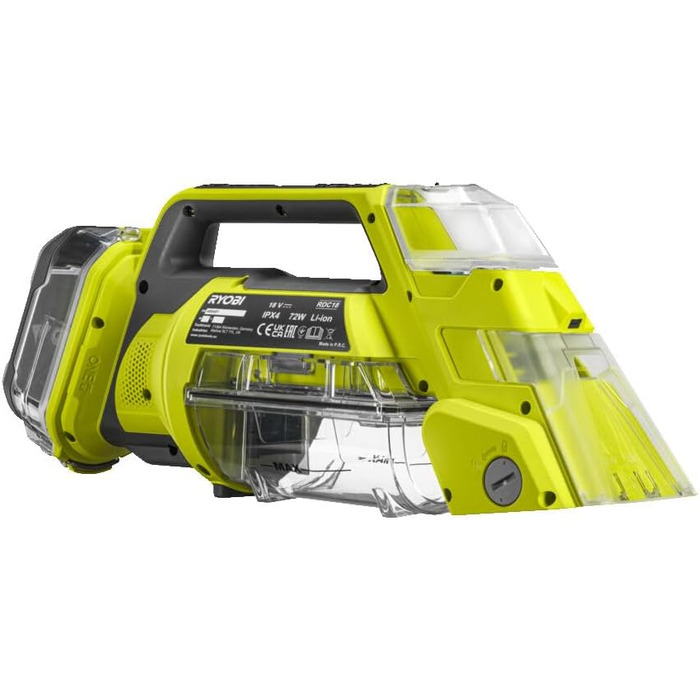 RYOBI 18V ONE+ Акумуляторний Текстильний Очищувач Pro: Потужне Видалення Плям, 2-в-1 Мийна Щітка, Dual-Tank, для Дому та Автомобіля (RDC18-0)