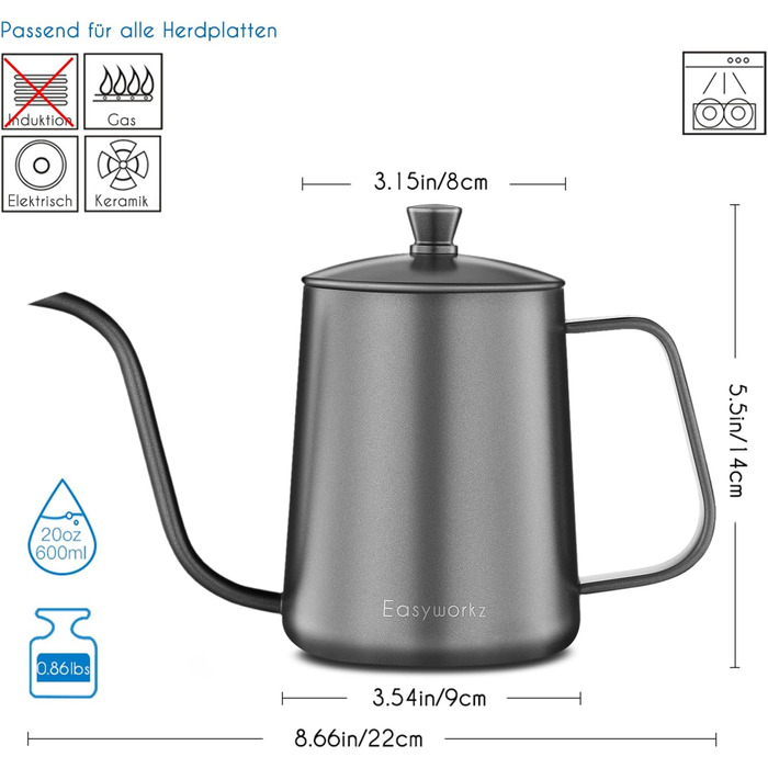 Easyworkz Gooseneck Pour Over Coffee Kettle 600ml, Stainless Steel, Swan Neck, Long Spout, Hand Drip Kettle