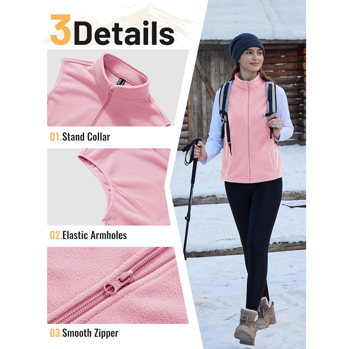 TACVASEN жіноча флісова жилетка Outdoor, тепла жилетка з капюшоном та кишенями на блискавці, спортивна жилетка для жінок (XXL, Рожевий)