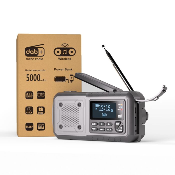 Радіо на механічному заводі Kurbelradio з акумулятором 5000 mAh (Midnight Blue) AM/FM/SW, USB, живлення від батарейок, аварійний набір для відключення електроенергії, вбудований ліхтарик, зарядний пристрій для телефону (Сірий DAB+)