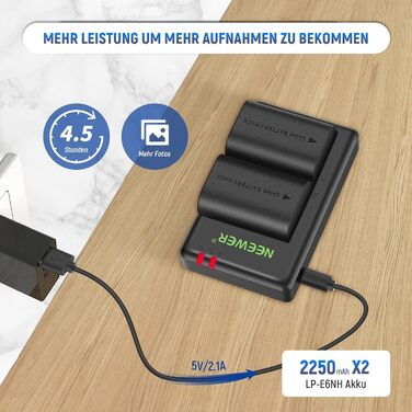 Запасний акумулятор Neewer N для Canon EOS 7D Mark II та інші моделі, 2 шт. 2000mAh, комплект з зарядним пристроєм (LP-E6NH)