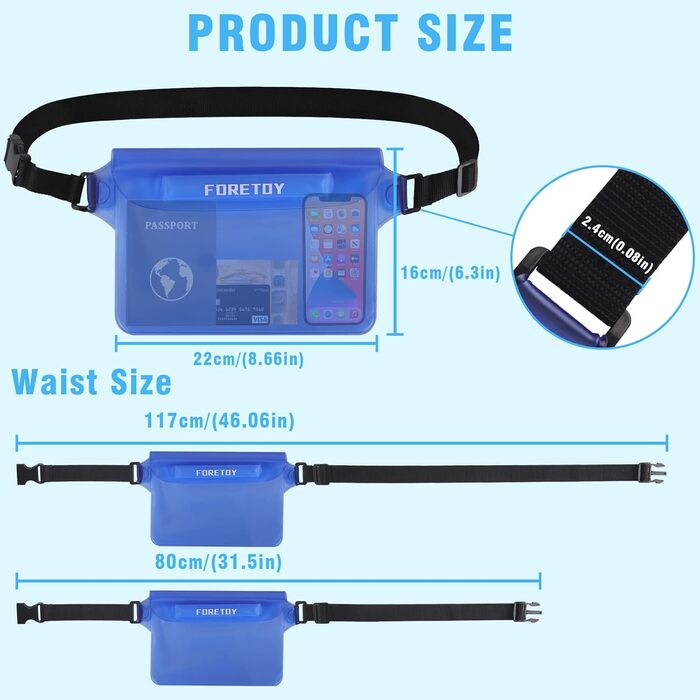 Водонепроникна сумка-чохол на пояс з регульованим ремінцем, IP68, для фото, водного спорту, пляжу, плавання, риболовлі (Чорний + Синій)