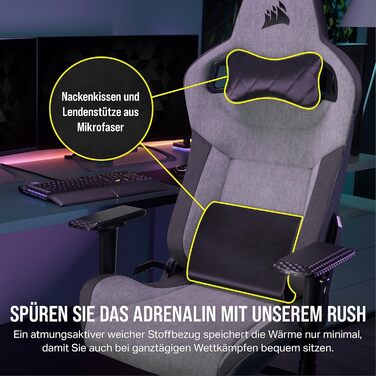 Ігрове крісло Corsair T3 RUSH Fabric 2023, автомобільний стиль, тканинне покриття, подушка для шиї, ортопедична підтримка попереку, сіре та антрацитове