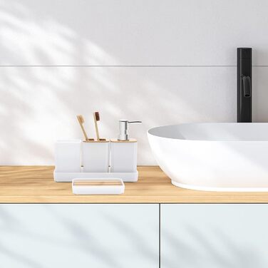 Набір аксесуарів для ванної кімнати FEILANDUO, 5 шт: дозатор для мила, мильниця, тримач для зубних щіток, стакан для води, піднос для косметики, Бохо, сучасний дизайн (білий)