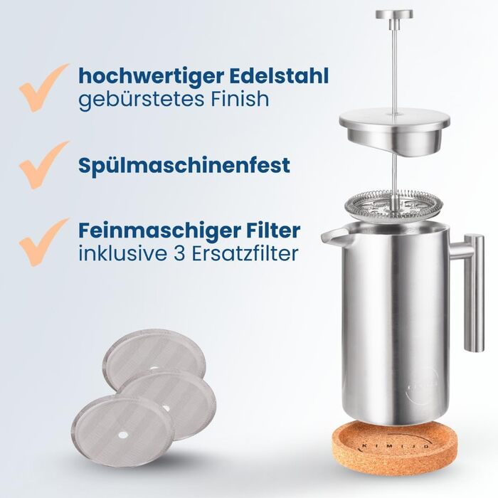 Френч-прес 600 мл з нержавіючої сталі, з підігрівом, 3 фільтри, пробка-підставка, для миття в посудомийній машині, преміум-якість, двостінний, срібний