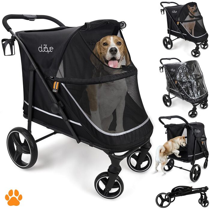 Візок для собак XL CHAMP – зручний та місткий, для великих собак, котів, з дощиковим чохлом, тримачем для напоїв та місцем для зберігання, вантажопідйомність до 50 кг, чорний