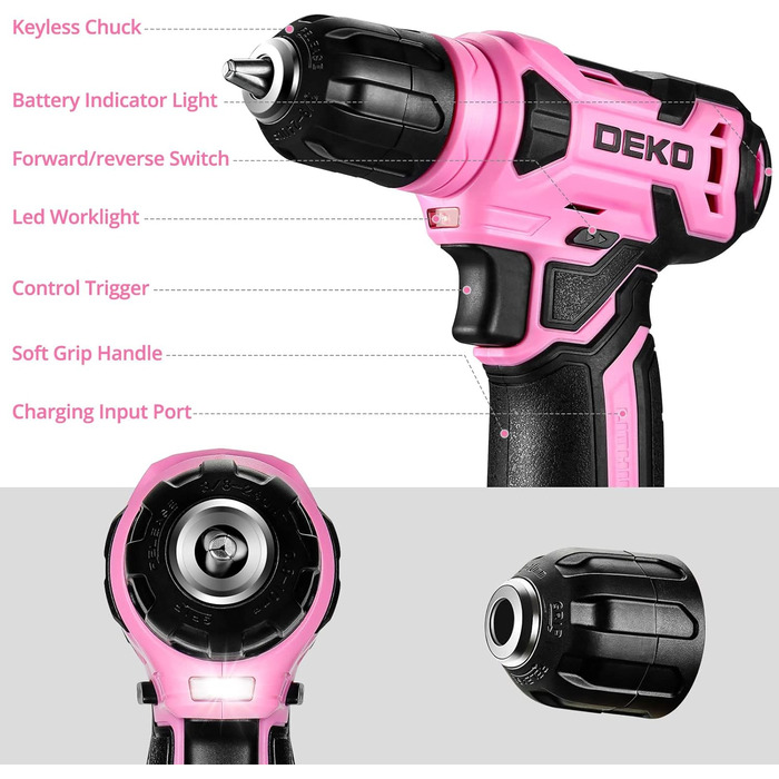 Акумуляторний шуруповерт-дрель DEKOPRO 8V 42шт з аксесуарами: ударний, LED, для дому, рожевий