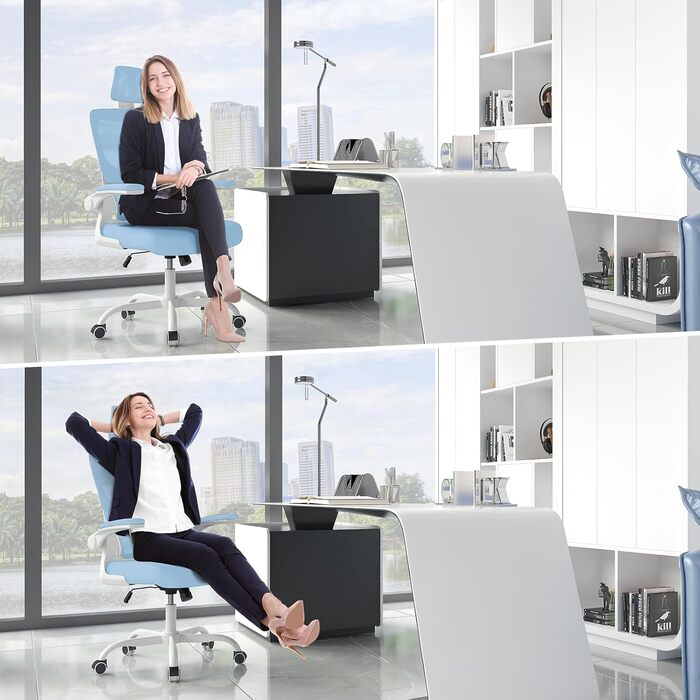 Ергономічне крісло Rattantree для офісу: регульована підголовник, підлокітники, підтримка попереку, поворотне, блакитне