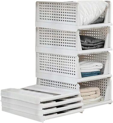 Set of 4 Stackable Folding Clothes Storage Boxes, Plastic Closet Shelves, Closet Organizer Boxes, Pull-Out Drawer-Like Design, Suitable for Home, Bedroom, Kitchen