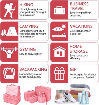 Органайзери для валізи: 8 комплектів, 7 кольорів. Організатори для подорожей, водонепроникні мішки для взуття, компресійні мішки. (Персиковий рожевий)