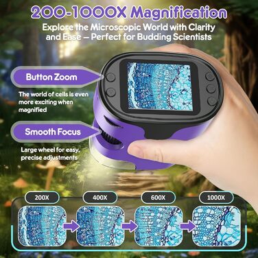 Дитячий цифровий мікроскоп 1000X Handy з 4K екраном: портативний USB мікроскоп для науки, з набором предметних скла, ідеальний подарунок для дітей 4-12 років (зелений, фіолетовий)