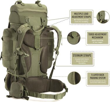 Tripole Rucksack from the Colonel Series with Internal Frame - Featuring Detachable Daypack and Rain Cover (95 Liters, Green (Army Green))