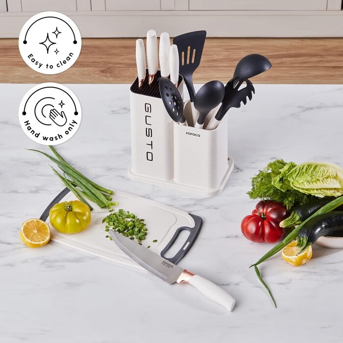 Набір ножів Karaca Gusto 12 предметів з дощечкою та кухонними аксесуарами, з нержавіючої сталі, ергономічні ручки, чорний (кремовий)