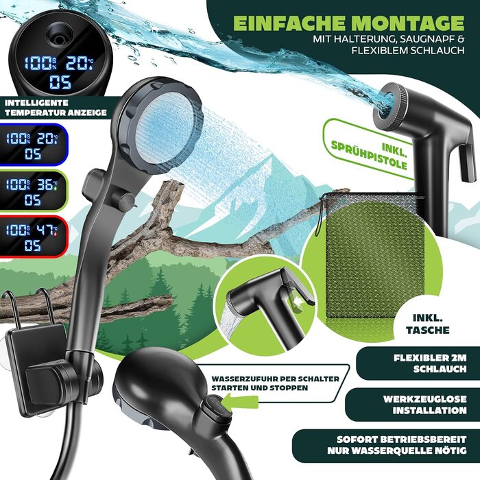 Сонярна душова кабіна KESSER® з насосом та акумулятором 8000mAh. Комплект для кемпінгу: регульована лійка, 2м шланг, пістолет-розпилювач, кріплення. Без бака. Чорний колір