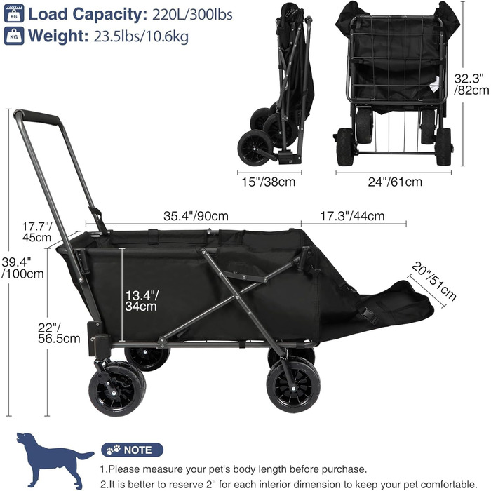Складаний візок для собак REDCAMP з висувною задньою частиною, міцний, 134 л, великий, для кемпінгу, саду, зі спортивними колесами, для покупок, чорний, Basic - 136 кг
