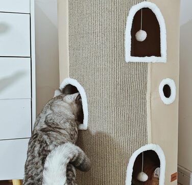 Кігтеточка-будиночок для котів велика, сіра, 42x42x33 см з подушкою та іграшкою