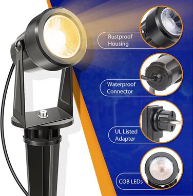 NIORSUN Garden Lighting LED, Warm White 3000K LED Spotlights, IP67 Waterproof Garden Spotlights, 23 m 27 V Garden Lights with Adapter, Outdoor Garden Lamps for Garden, Yard, Trees (6-Pack)