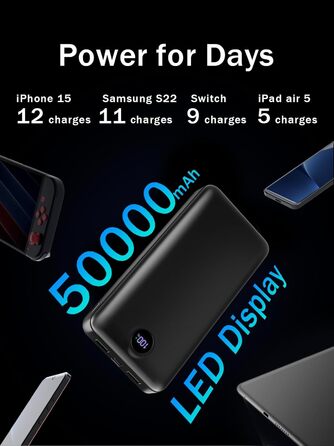 Power Bank 50000mAh з LED дисплеєм: Швидка зарядка 22.5W, 3 виходи USB-C, 2 входи, сумісний з Samsung, iPad, Android, чорний