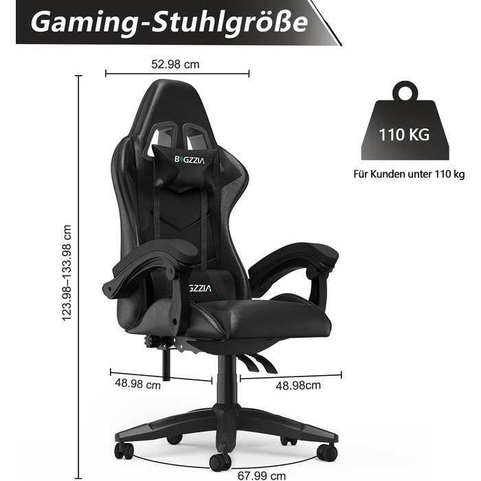 Геймерське крісло Racingreat Ergonomic: PC крісло для геймерів та офісу з регульованим кутом нахилу, PU шкіра, подушка під голову. Чорне.