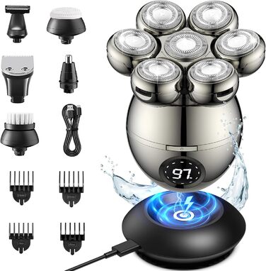 Електричний голєний апарат ETENTOUS Glatzen Rasierer для чоловіків 6-в-1, з 7 ротаційними головками та тримером для бороди, водонепроникний (IPX6), USB-C, для гоління голови та бороди