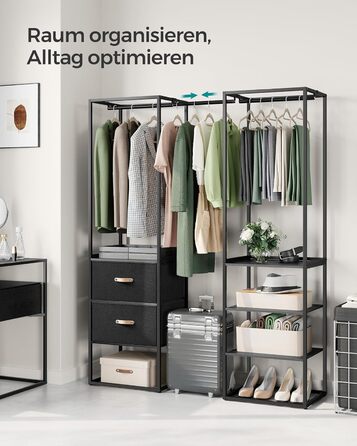 SONGMICS Clothes Rack, Open Wardrobe, High-Load Capacity Coat Rack, 1 Extendable Rod, 2 Drawers, 4 Shelves, for Bedroom, Space-Saving, RGR003W67 (Ebony Black)