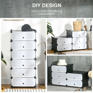 HOMCOM Shoe Rack, Plastic Shelf for 6 Pairs of Shoes, Shoe Box for Entryway, DIY Stackable Shelf, Shoe Storage, Black+White, 49 x 36.5 x 108 cm | Aosom
