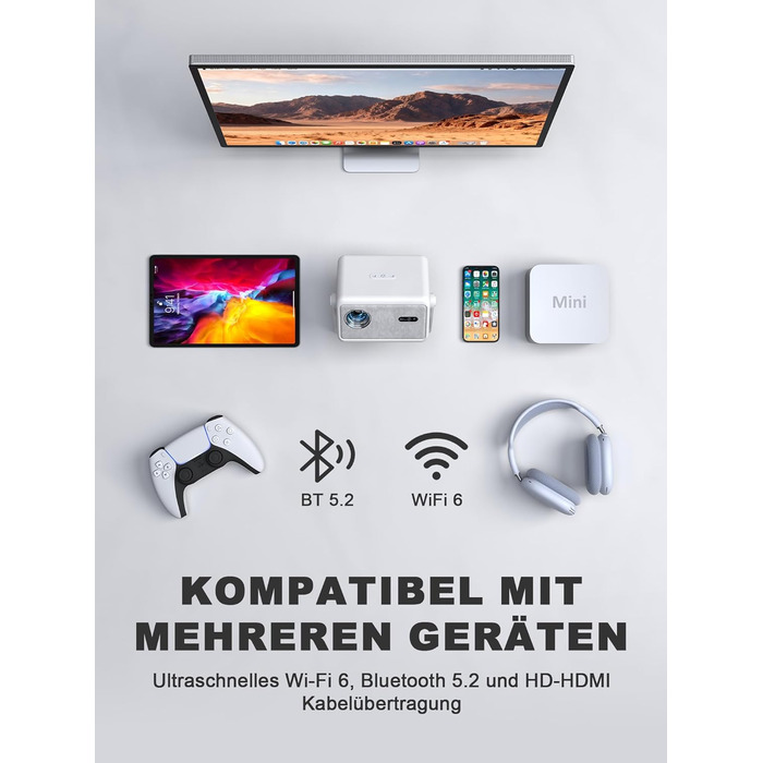 Портативний проєктор VISSPL A-800ANSI: Full HD 1080P, WiFi6, Bluetooth, Автофокус, Корекція трапеції 6D, Підтримка 4K, Netflix, для домашнього кінотеатру та відпочинку на природі