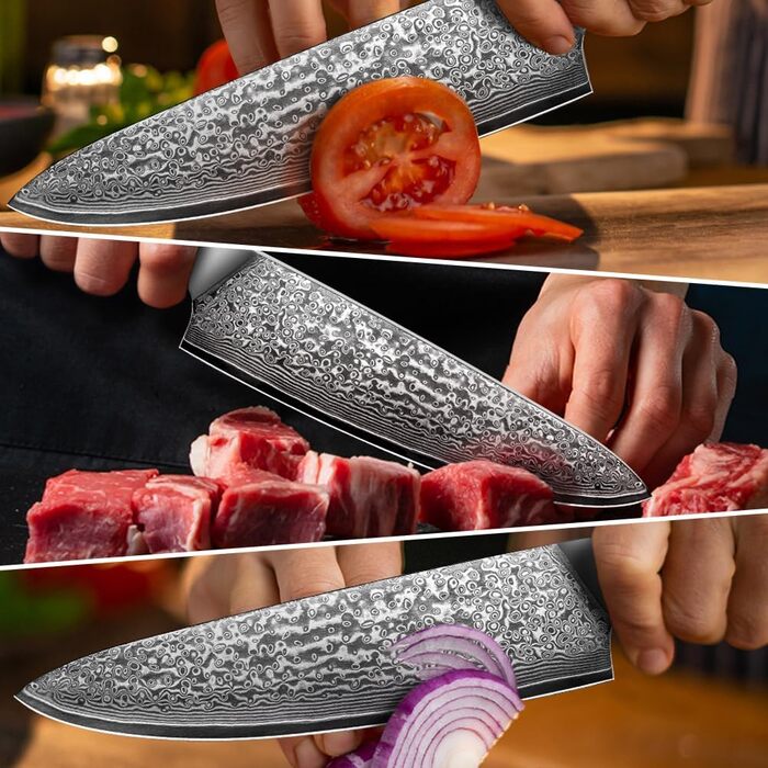 Японський ніж Kuchmesser Kyushublade з дамаської сталі (67 шарів), професійний, з унікальною ручкою з карбону та золота