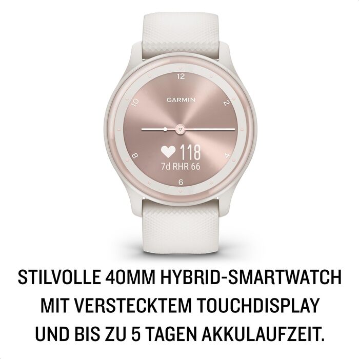 Garmin vívomove Sport - Розумний годинник з аналоговими стрілками та сенсорним дисплеєм. Функції спорту та здоров'я, сповіщення зі смартфона та до 5 днів роботи від акумулятора. Колір: слонова кістка
