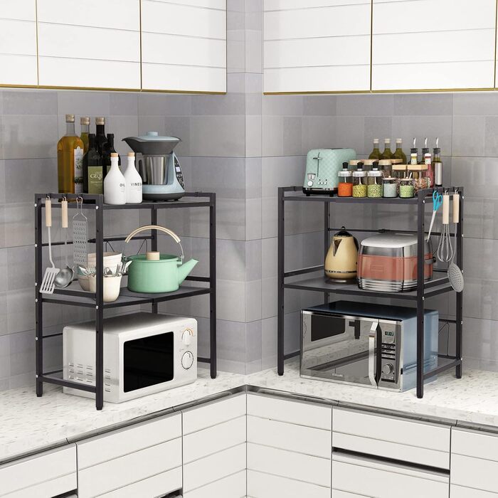 Підставка для мікрохвильової печі Todeco, 3-рівнева, регульована, з 6 гачками, чорна, до 25 кг, 36-60 x 36 x 44 см