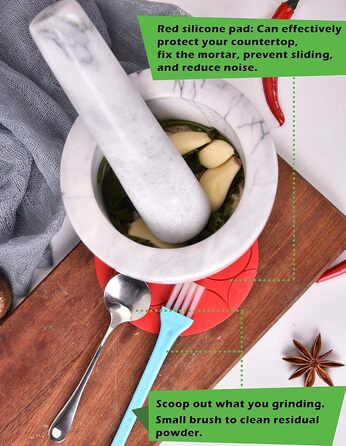 Набір для спецій та соусів з мармуру (11 см), включає: силіконова килимок, щітка, ложка з нержавіючої сталі, білий