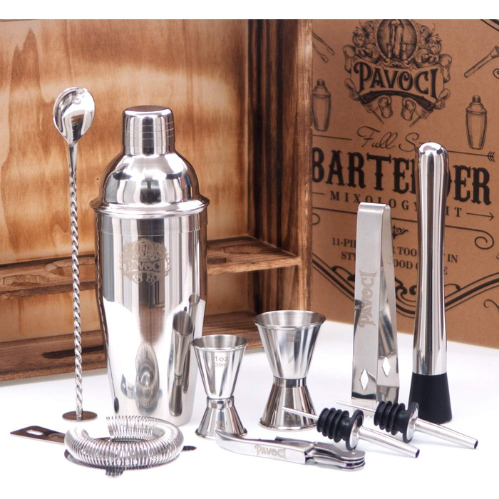 Набір для приготування коктейлів PAVOCI: 11 предметів, шейкер, барменський інструмент з нержавіючої сталі, дерев'яний підставник, аксесуари. Ідеально для дому, бару, професійного використання