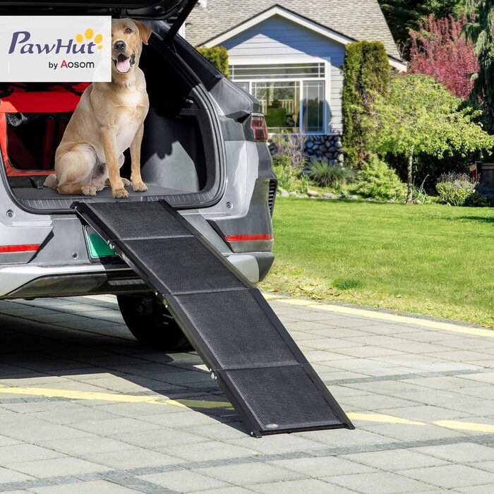 Рампа для собак PawHut - складана авторампа для домашніх тварин 158 см. Ідеально для великих собак до 40 кг, з антиковзким покриттям та ручкою. Підходить для LKW, SUV, високих ліжок. Чорний колір.