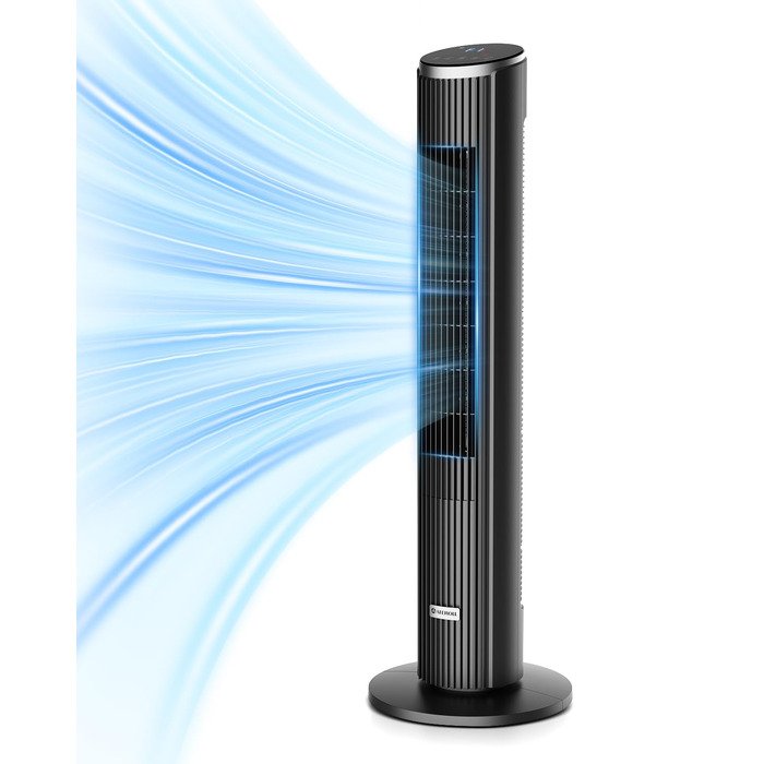 Вентилятор Tower Leiser для спальні, підлоговий з пультом, 90° поворот, 4 швидкості, 3 режими, таймер 12 год, LED-дисплей, 91 см, чорний