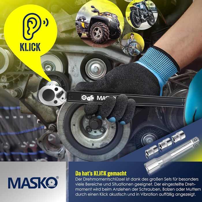 Набір динамометричних ключів MASKO 6 шт, 40-210 Нм, 1/2'' з насадками 17/19/21 мм, подовжувачем 125 мм, рукавицями, кейсом, для авто, чорний