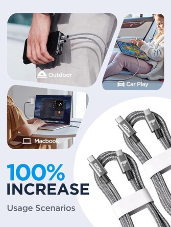 Кабель USB-C на USB-C [2 шт. 2м+2м] 100W, нейлон, сірий. Підтримка швидкої зарядки PD для iPhone, Samsung, iPad, MacBook, Pixel, Switch