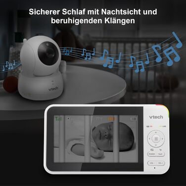 Відеоняня Vtech VM901-1W з Wi-Fi, 5-дюймовий HD-дисплей, поворотна камера 1080P, мобільний додаток, широкий кут огляду 120°, сумісна з iOS та Android