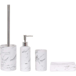 Набір для ванної кімнати MSV Toscana: 4 предмети з кераміки (диспенсер для мила, щітка для унітазу, мильниця, стакан для зубної щітки), білий, мармур