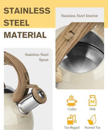 Чайник Teekessel 2.1 л з плитою, чайник з нержавіючої сталі з дерев'ястим декором, складаний ручка, для всіх типів плит (білий)