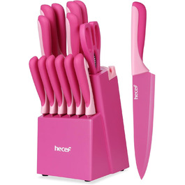 Набір ножів Hecef 14 предметів у блоці, з антипригарним покриттям, для посудомийної машини, самозаточуваний, ергономічні ручки, кухонний набір для будь-якої кухні (рожевий)