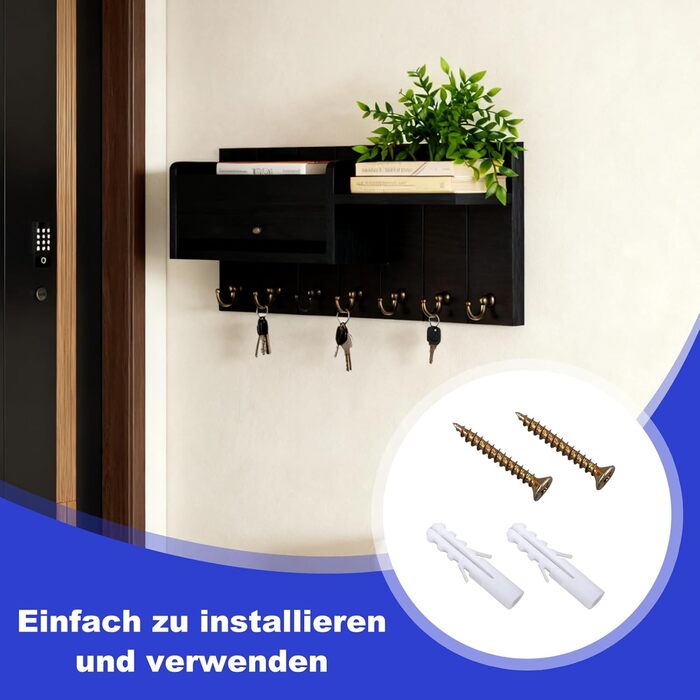 Дерев'яне ключниця з полицею, органайзер для ключів на 6 гачків, декоративна полиця для ключів з 4 шурупами для прихожої, входу, спальні