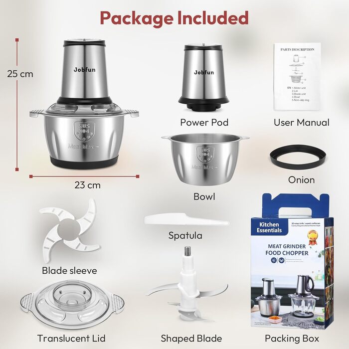 Електричний подрібнювач Jobfun 2L з нержавіючої сталі, 2 швидкості, мультиподрібнювач, м'ясорубка, подрібнювач для м'яса, цибулі, овочів (сірий)