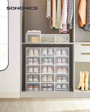SONGMICS Shoe Boxes, 18-Piece Set, Plastic Shoe Organizer, Foldable and Stackable, for Shoes up to Size 44, Transparent-White LSP18SWT