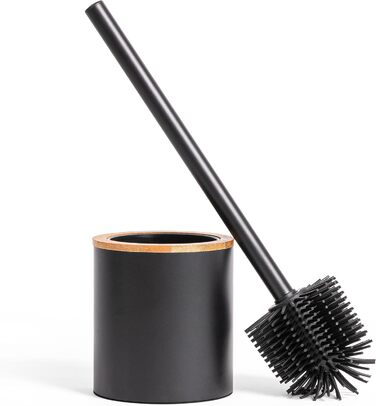Торгова щітка для унітазу з тримачем з дерева | Силіконова щітка для унітазу з нержавіючої сталі | Тримач для щітки з натурального бамбука | Настільна щітка для ванної кімнати | Чорний колір
