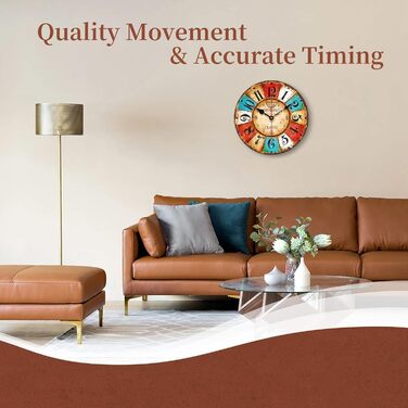 VIKMARI Quartz Wall Clock Wood Silent Hanging Clock, Battery-Powered Round Rustic Clock, Easy to Read Vintage Interior Wall Clock ||14' (Colorful Arabic Numerals, 20 cm)