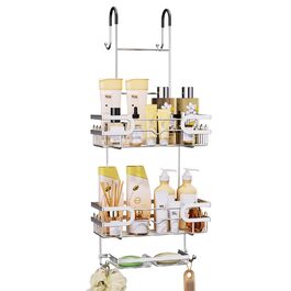 Настінна поличка для душу SWTYMIKI з нержавіючої сталі, сірого кольору - 2 корзини, 2 мильниці, 14 гачків