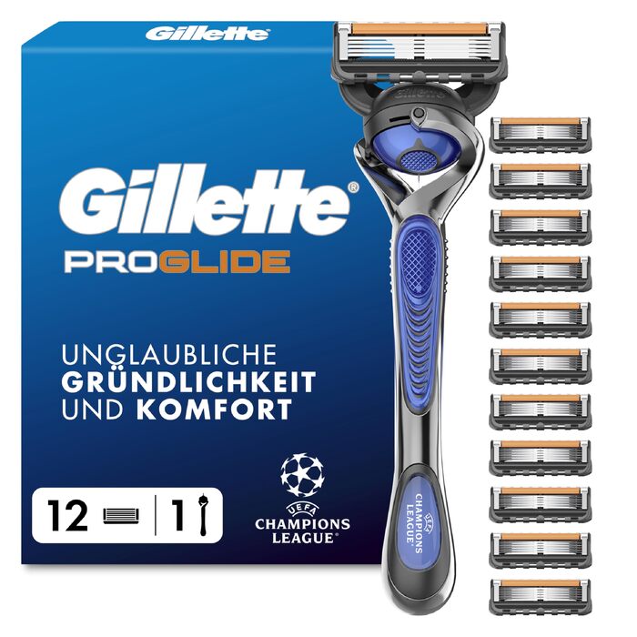 Бритва Gillette Fusion 5 ProGlide для чоловіків, металевий корпус, синьо-чорна, набір: бритва + 12 змінних касет